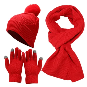 3 ADET Şapka Eldiven Eşarp Seti Sonbahar Kış Sıcak Eldiven Bere Şapka Pom Pom İle Örme Eşarp Açık Kalın Coldproof Eşarp Setleri