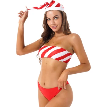 Kadın İç Çamaşırı Erotik Seksi iç çamaşırı seti Noel Kıyafetleri Çizgili Straplez Kırpma Üst Düz Renk Kırmızı Düşük Bel Külot Şapka ile